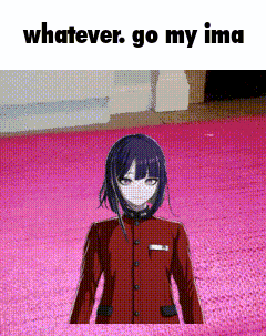 a girl in a red jacket is standing on a pink rug with the words " whatever go my ima " above her