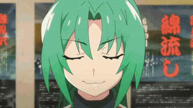 a close up of a green haired anime character with her eyes closed in front of chinese posters