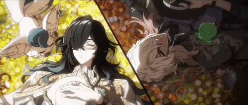 a couple of anime characters laying next to each other with one of them holding a plate