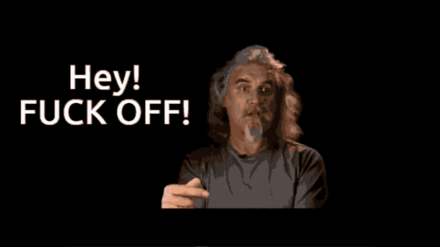 a man with a beard says hey fuck off in a black background