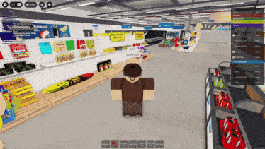 a screenshot of a video game shows a person in a store with a sign that says technology checkout