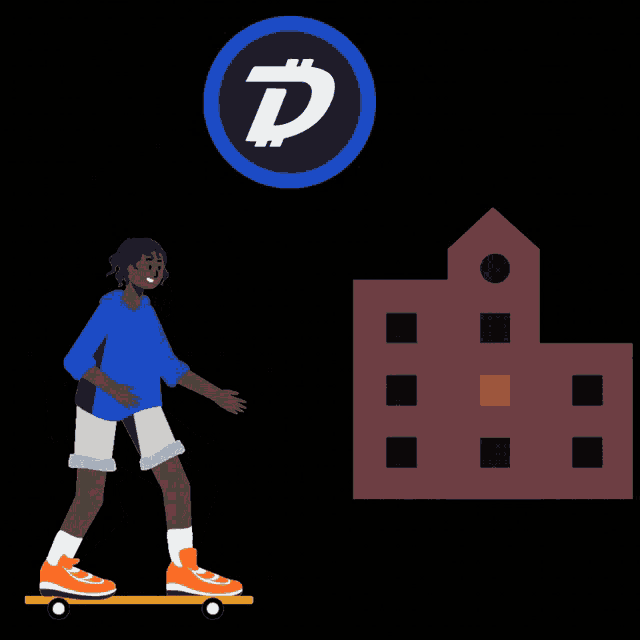 an illustration of a person riding a skateboard in front of a building with a blue coin with the letter d on it