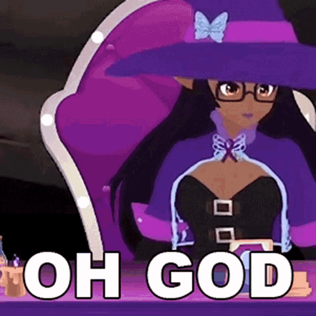 a cartoon witch is sitting in a purple chair with the words oh god behind her