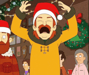 a cartoon character is wearing a santa hat and a yellow coat