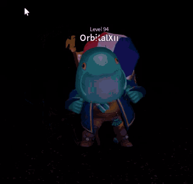 a cartoon character is standing in the dark holding a flag and a sword .