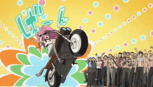 a cartoon drawing of a woman riding a motorcycle with a crowd behind her and the word l on it