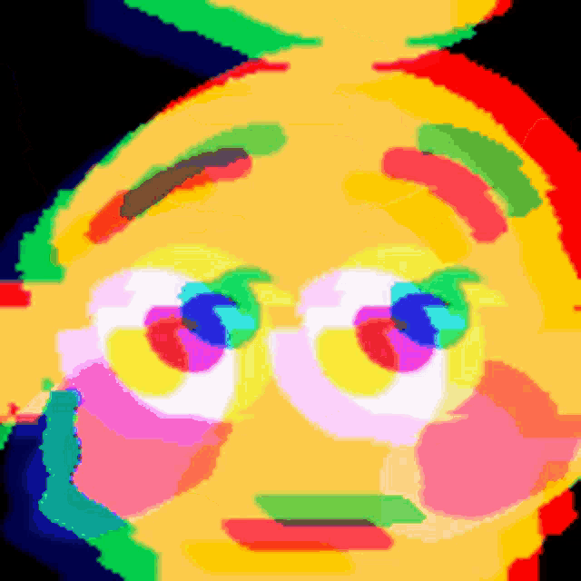 a pixel art of a cartoon character with a rainbow of colors