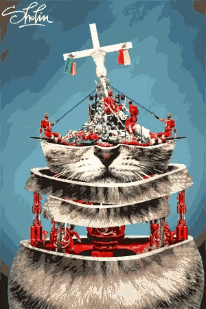 a painting of a cat 's face with soldiers on a boat and the name e. holm written on the bottom