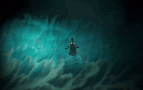 a cartoon character is floating in a dark room