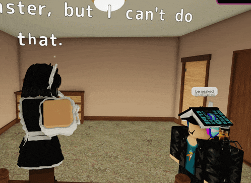 a girl in a maid outfit is standing in a room with the words " but i can 't do that " behind her