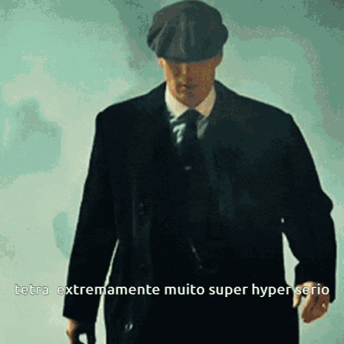 a man in a suit and tie is walking with the words tetra extremamente muito super hyper serio written below him