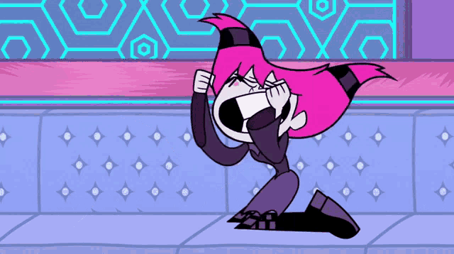 a cartoon character with pink hair is kneeling on the floor