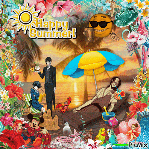 a collage of cartoon characters on a beach with the words happy summer