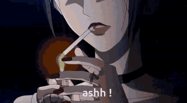 a woman is lighting a cigarette with the word ashh written below her
