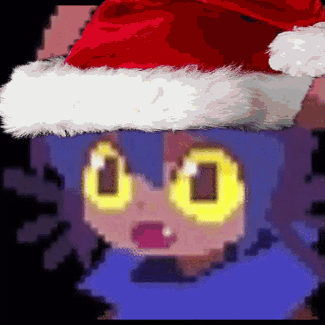 a pixel art character wearing a santa hat with yellow eyes