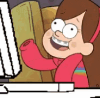 mabel from gravity falls is smiling while looking at a computer screen .