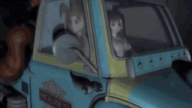 a cartoon character is driving a blue truck that says midgales on the side