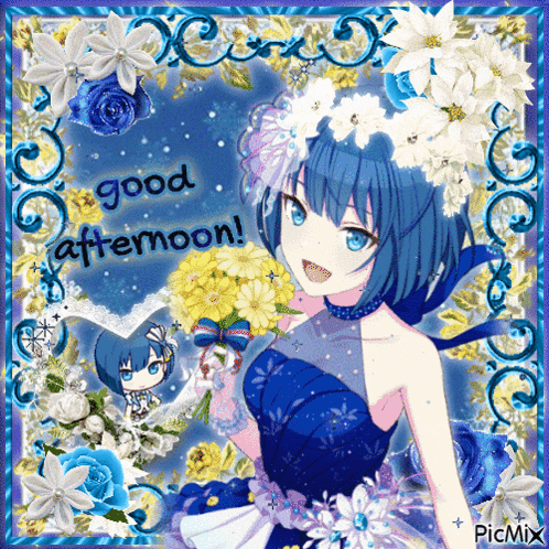 a girl in a blue dress is holding a bouquet of flowers with the words good afternoon written above her