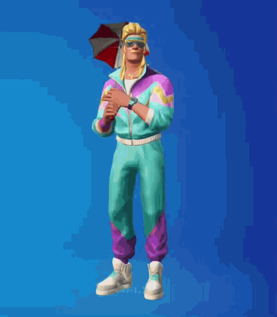 a man in a colorful outfit holds an umbrella over his head