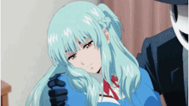 a girl with blue hair is being hugged by a man in a mask