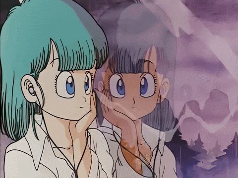 a cartoon girl with blue hair is looking at her reflection