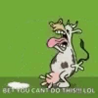 a cartoon cow with its tongue hanging out is making a funny face while drinking milk .