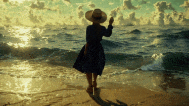 a woman in a hat is standing on the beach