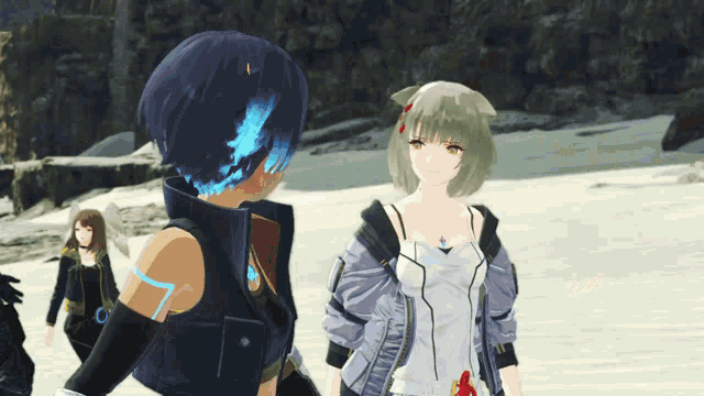 a girl with a cat ear stands next to a boy with blue hair