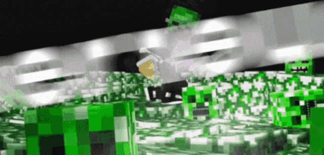 a person is standing in a field of green blocks .