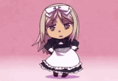 a cartoon of a girl in a maid costume standing on a pink background .