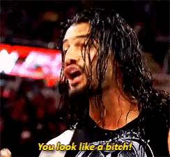 a man with long hair and a beard is saying `` you look like a bitch ! ''