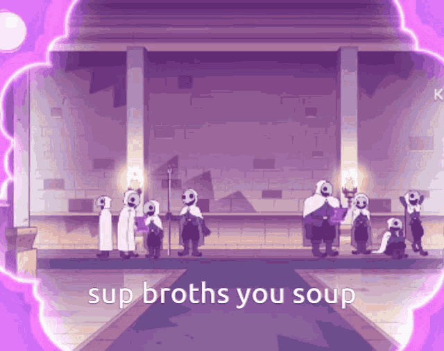a group of people standing in front of a building with the words sup broths you soup