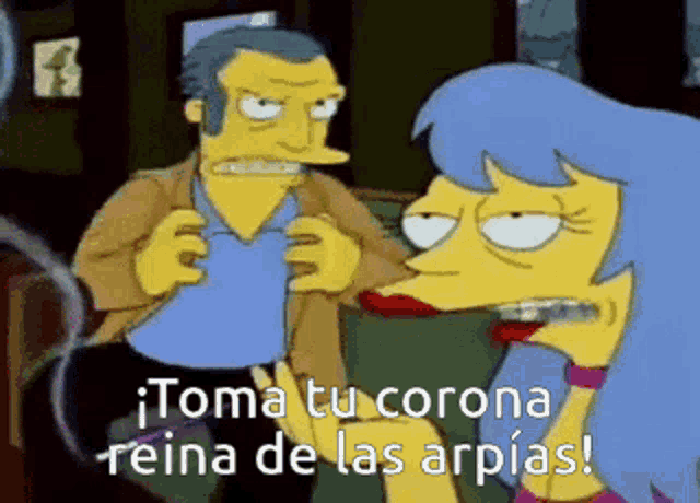 a cartoon of a man and a woman with the words " toma tu corona reina de las arpias " on the bottom