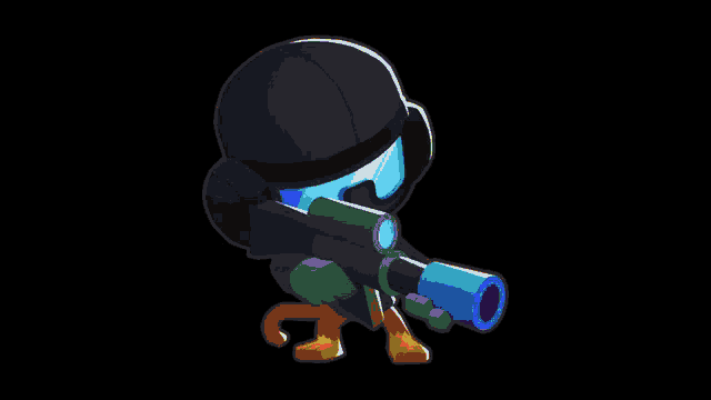 a cartoon character is holding a gun with a green barrel