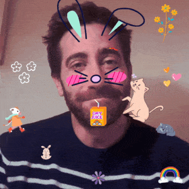 a man is surrounded by stickers including a box of orange juice