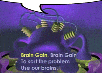 a speech bubble says brain gain brain gain to sort the problem use our brains ..