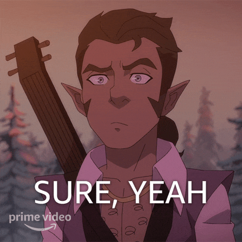 a cartoon of a man holding a guitar with the words sure yeah behind him