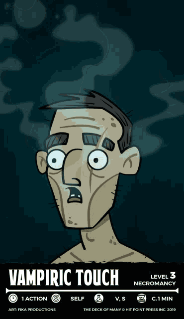 a poster for vampiric touch shows a cartoon of a man