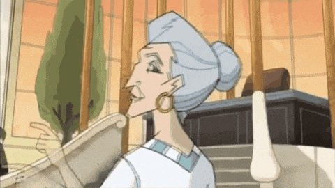 a cartoon drawing of an elderly woman with a bun