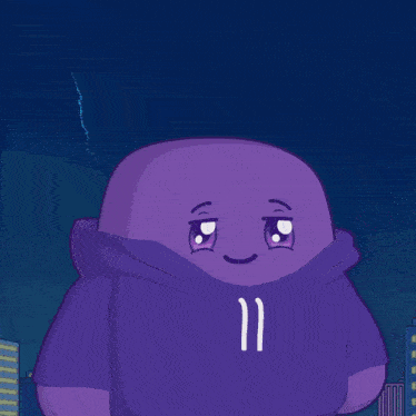 a purple cartoon character is holding a glass of champagne in front of fireworks