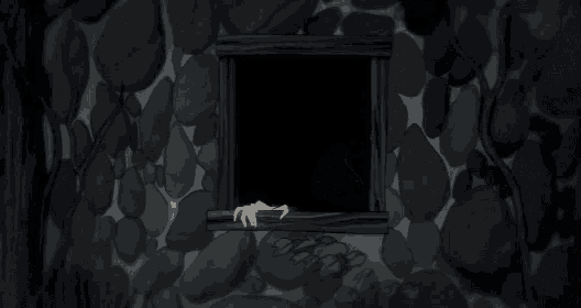 a cartoon drawing of a monster with sharp teeth sticking out of a hole in a rock wall
