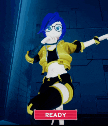 a cartoon character with blue hair is standing next to a red button that says ready