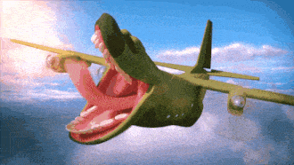 a cartoon airplane with a huge mouth is flying in the sky