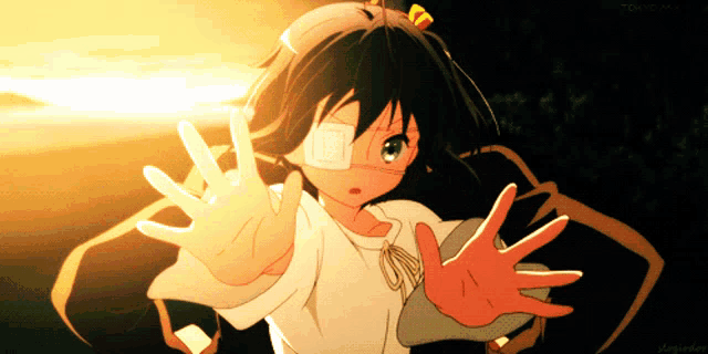 a girl with a bandage on her eye reaches out towards the camera