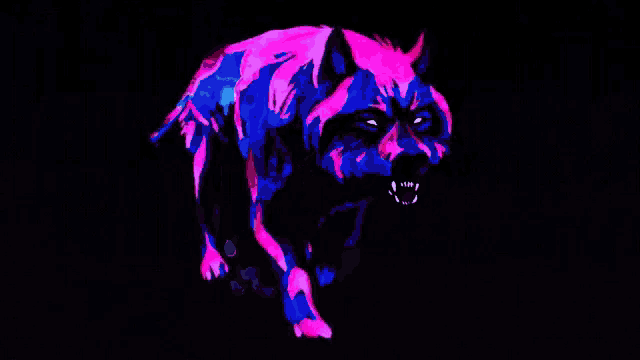 a painting of a pink and blue wolf with glowing eyes on a black background