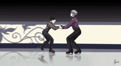 a drawing of two figure skaters holding hands on a ice rink