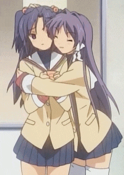 two anime girls hugging each other with their eyes closed and their arms crossed