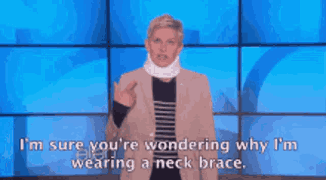 ellen degeneres is wearing a neck brace while talking on the ellen show