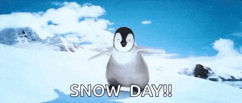 a penguin is standing in the snow with the words snow day written on the bottom