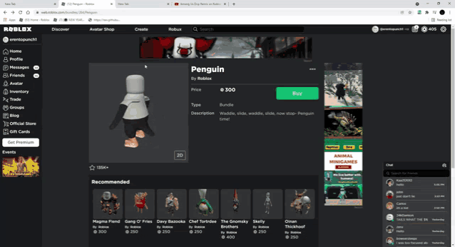 a screenshot of the roblox website shows a penguin